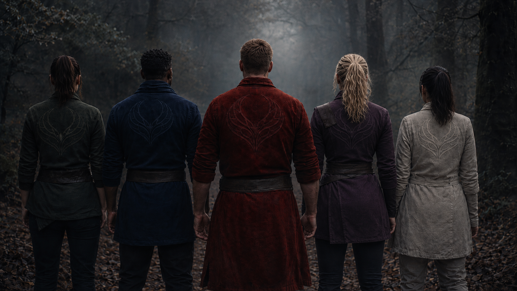 The five members of the Silent Accord facing a misty forest